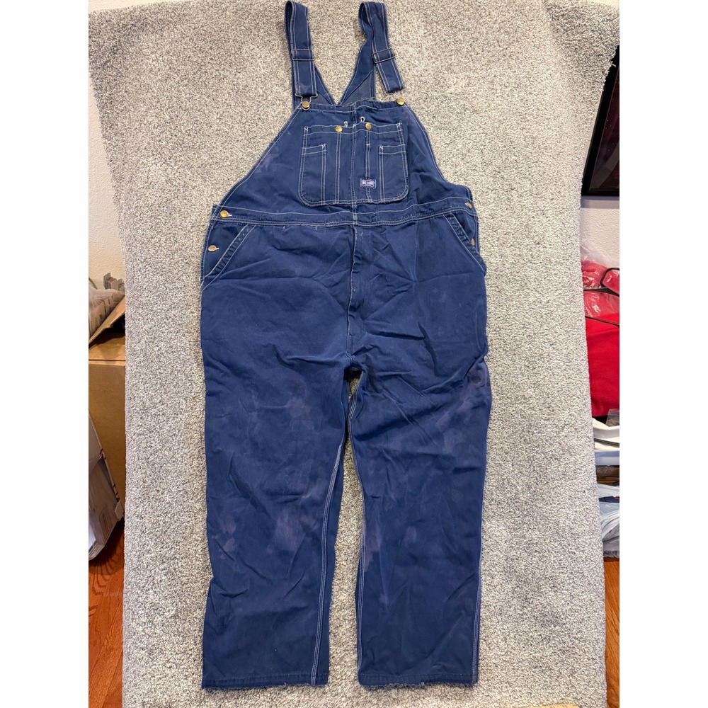 Big Smith Bib Overalls Mens 48x28 Blue Canvas Workwear Distressed Utility *